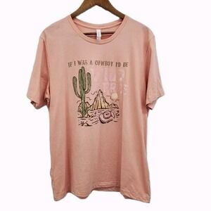 Womens XL T-Shirt Graphic Western Cowboy Desert Scene Pink Cotton Blend NWOT